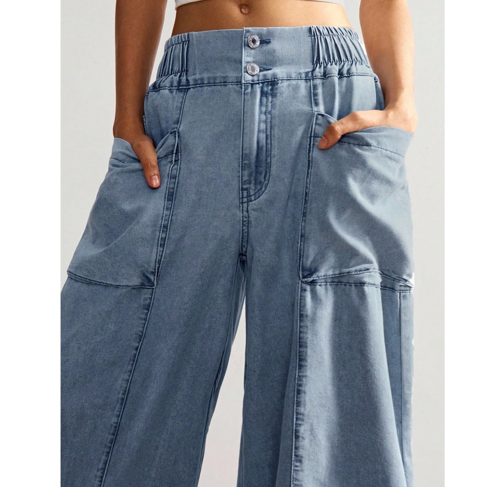 Light Wash Stretchy Waist Wide leg Denim Pants jeans - Picture 7 of 9